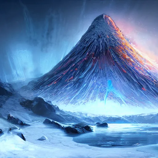 Image similar to digital painting of a frozen ice covered volcano, style of dark souls III, concept art, high angle, high detail, cold lighting, dark, vivid, beautiful, trending on artstation, by Jordan grimmer, no focus, huge scene, terrain visible