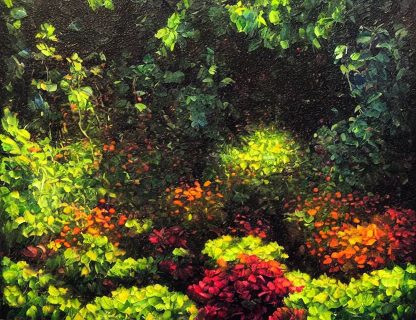 Prompt: golden ratio in the garden. oil painting by award - winning comic artist. backlighting, chiaroscuro, depth of field, luminescent colors.