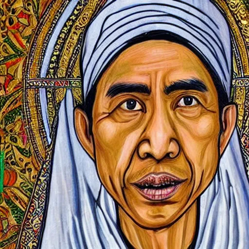 Image similar to Jokowi as saint,with ortodhox syrian painting styles,with realistic details and authentic historical art