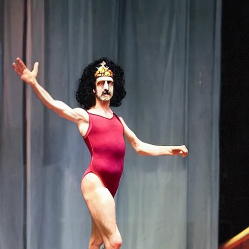 Prompt: Frank Zappa in a leotard and a crown performs the role of Richard III in award-winning modern dress production of Richard III in front of a live audience, action shot, masculine