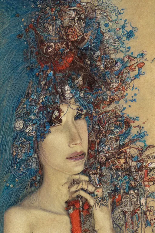 Prompt: portrait of beautiful young mainem, warhammer, japanic style, cyberpunk, a lot of scars, more and more flowers, blue head, the middle ages, highly detailed, artstation, illustration, art by jean delville, 8 k quality