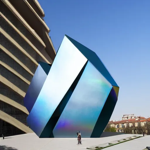 Prompt: an art museum whose architecture is inspired by drum and flute instrument pieces, iridescent dynamic sculpture centered, raytracing ar 1 6 : 9