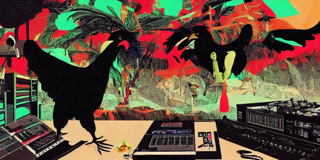 Image similar to 'black chicken'!!! smoking 'cannabis'!!!!!! in front of 'audio console'!!!! and 'multi monitors'!!!! 'in a hi-tech tv broadcasting studio'!!!!, artwork by James Gilleard