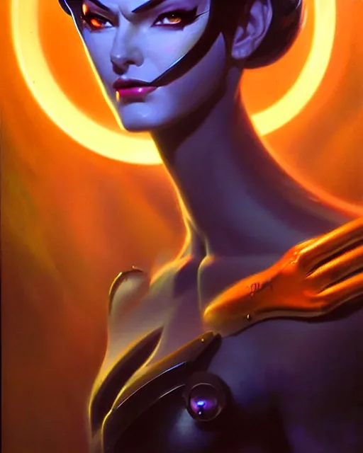 Image similar to widowmaker from overwatch, character portrait, portrait, close up, vintage fantasy art, vintage sci - fi art, radiant light, caustics, by boris vallejo