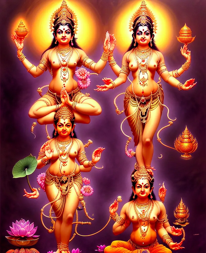 Image similar to beautiful hindu goddess lakshmi fantasy character portrait, four hands, standing on a lotus, single figure composition, full body, chubby, ultra realistic, intricate details, the fifth element artifacts, highly detailed by peter mohrbacher, hajime sorayama, wayne barlowe, boris vallejo, aaron horkey, gaston bussiere, craig mullins