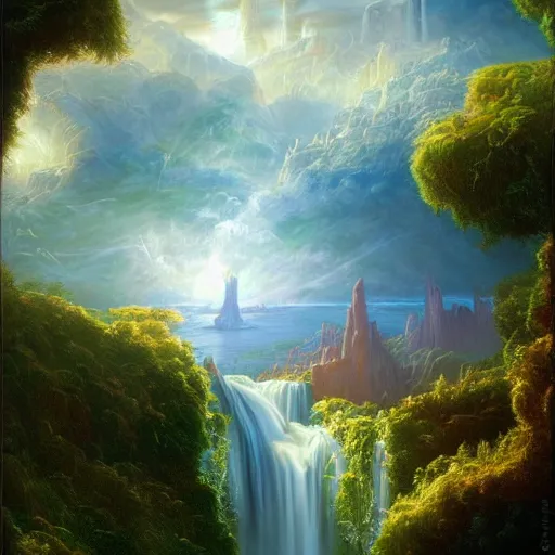 Image similar to realistic detailed view of heaven by terance james bond, russell chatham, greg olsen, thomas cole, james e reynolds, photorealistic, fairytale, art nouveau, illustration, concept design, storybook layout, story board format
