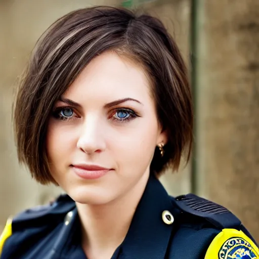 Image similar to portrait of young woman, green eyes, brunette, short flip bob hair, smirk, officer uniform