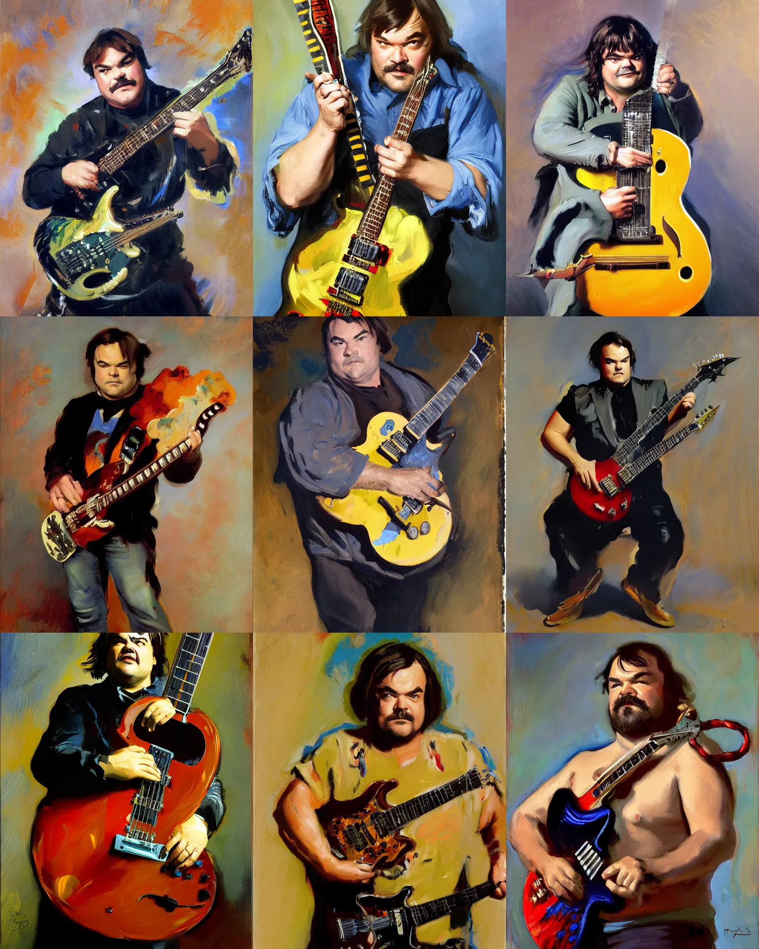 Prompt: jack black with electric guitar, portrait palette knife painting by john singer sargent, frank frazetta, craig mullens, donato giancola, fashion photography