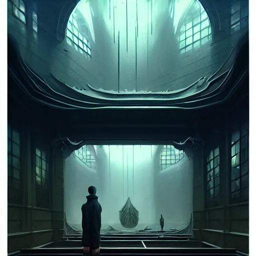 Image similar to professional ominous concept art architecture of a dark room with an indoor pond by artgerm and greg rutkowski. an intricate, elegant, highly detailed digital painting, concept art, smooth, sharp focus, illustration, in the style of simon stalenhag, wayne barlowe, and igor kieryluk.