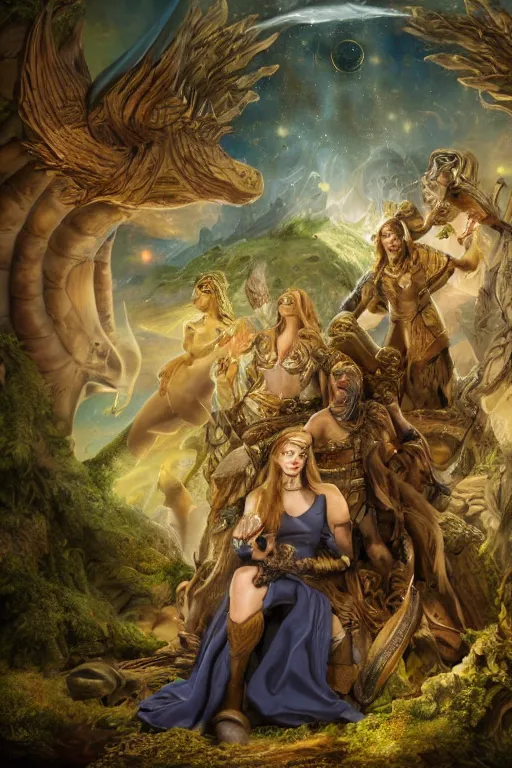 Image similar to A fantasy book style portrait painting of the Great Turtle Island at the center of the Universe, accompanied by a hybrid, Anya_Taylor-Joy, Cory Chase, Eva Green, as a Mystical Valkyrie, Anubis-Reptilian, Atlantean Warrior, François Boucher, Oil Painting, unreal 5, DAZ, hyperrealistic, octane render, Regal, Refined, Detailed Digital Art, RPG portrait, Walt Disney (1937), William-Adolphe Bouguereau, Michael Cheval, Steampunk, Volumetric Golden dappled dynamic lighting, Highly Detailed, Cinematic Lighting, Unreal Engine, HD, 8k, HD