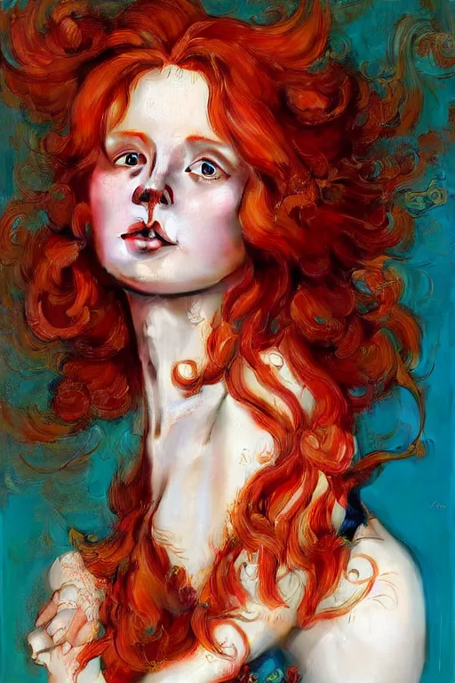 Image similar to hyper realistic painting portrait of a redhead girl with flowing curls and closed eyes, orange subject and turquoise background, hyper detailed face by stjepan sejic, by norman rockwell, by michael hussar, by roberto ferri, by ruan jia, textured turquoise background