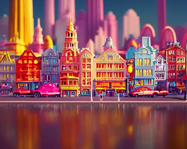 Image similar to Candy city, a city made of candy, sharp focus, toy photography by Artgerm and Greg Rutkowski and WLOP