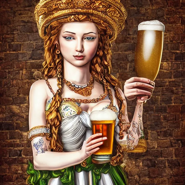 Image similar to stunning portrait goddess of beer, realistic, detailed, goddess of beer