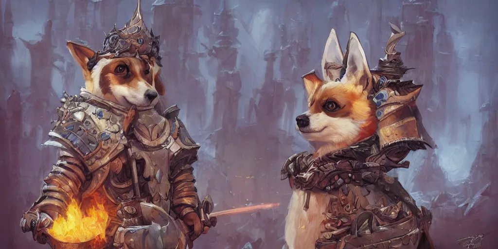 Image similar to beautiful painting of a fantasy corgi knight, by Ian McQue, tristan eaton, Tom Bagshaw, trending on Artstation, 8k, masterpiece, graffiti paint, fine detail, full of color, intricate detail, corgi