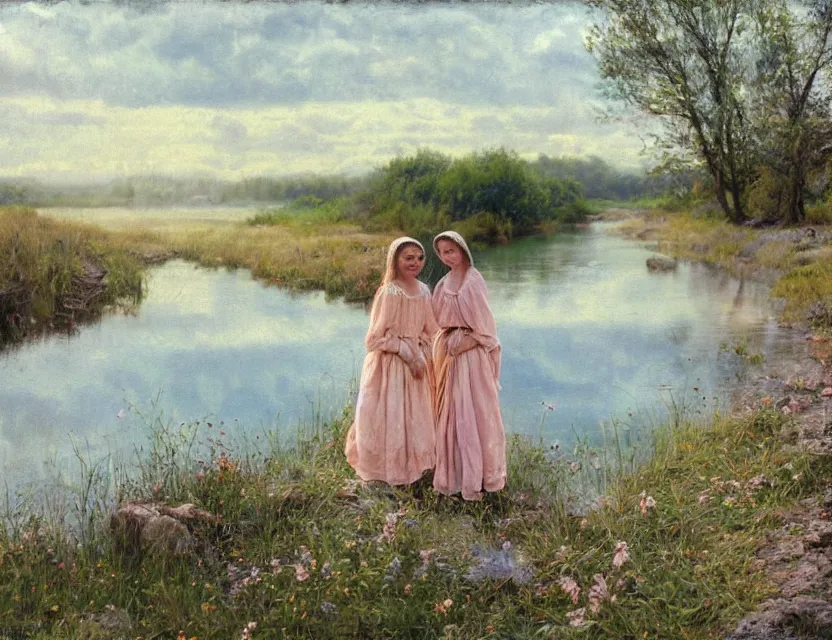 Image similar to peasant girls on a shore of river ivana kupala, midsommar, cottage core, cinematic focus, polaroid photo bleached vintage pastel colors high - key lighting, soft lights, foggy, by steve hanks, by lisa yuskavage, by serov valentin, by tarkovsky, 8 k render, detailed, oil on canvas