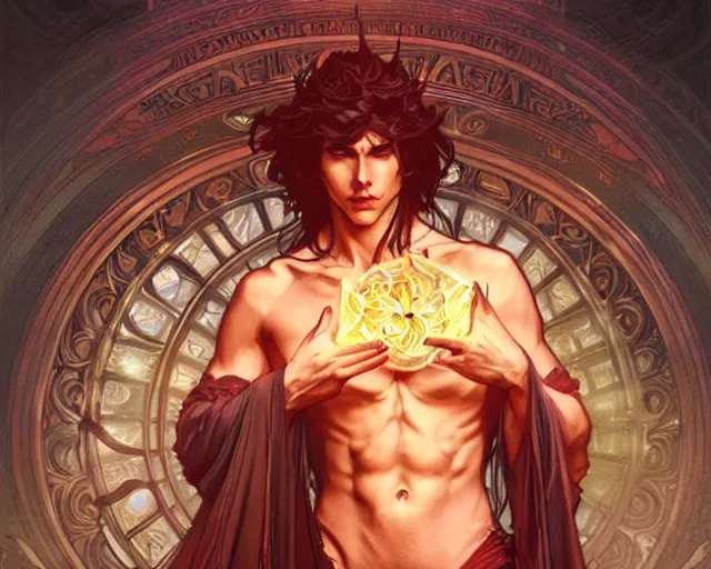 Image similar to attractive male deity, casting dark magic, summoning handsome lucifer morningstar, highly detailed painting by artgerm and greg rutkowski and alphonse mucha