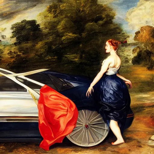 Image similar to heavenly summer sharp land sphere scallop well dressed lady standing next to car, auslese, by peter paul rubens and eugene delacroix and karol bak, hyperrealism, digital illustration, fauvist, standing next to a car