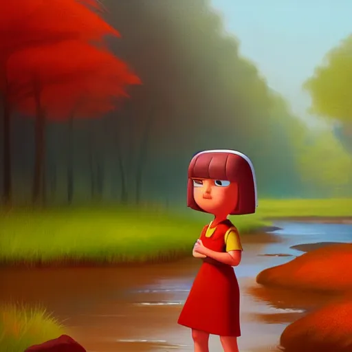 Prompt: goro fujita ilustration dora the explorer with short blonde hair and a long red outfit, walking next to a river in the forest, painting by goro fujita, sharp focus, highly detailed, artstation