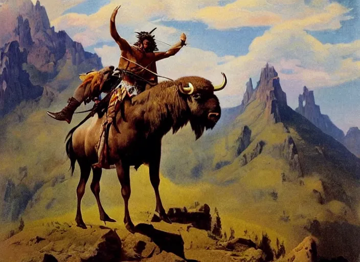 Image similar to willem dafoe as a native american riding bison, buffalo, native american warrior, mountain range, beautiful sky, standing on the edge of a cliff, 1 9 th century, painted by frazetta