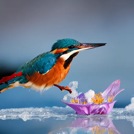Prompt: a kingfisher finding a beautiful flower, entrapped in ice, only snow in the background, beautiful macro photography, warm ambient light