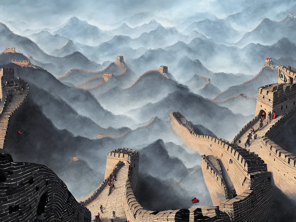 Prompt: advanced high technology version of the great wall of china with robot guards, digital painting, trending on artstation, deviantart, 8k, epic composition, intrinsic details, perfect coherence