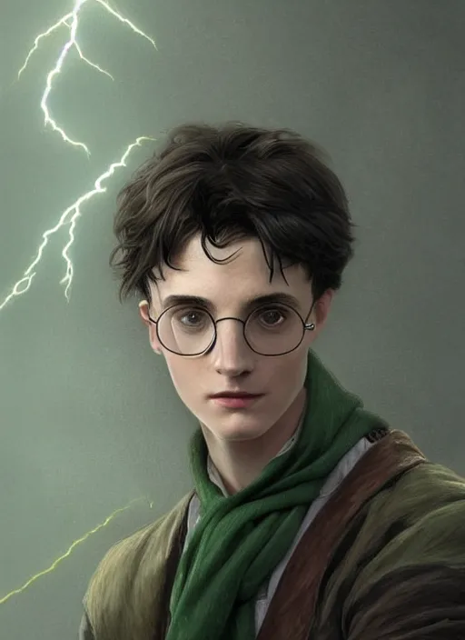 Prompt: 1 7 - year - old boy thin face, black hair, green eyes, round glasses garry potter, scar on forehead as a bolt of lightning close up, d & d, fantasy, intricate, elegant, highly detailed, digital painting, artstation, concept art, matte, sharp focus, art by artgerm and greg rutkowski and alphonse mucha