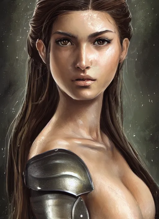 Prompt: a professionally painted portrait of an attractive young girl, partially clothed in battle armor, olive skin, long dark hair, beautiful bone structure, perfectly proportioned, nubile body, symmetrical facial features, intricate, elegant, heroic pose, digital painting, concept art, smooth, sharp focus, finely detailed, beautifully framed, from Metal Gear, in the style of Artgerm and Greg Rutkowski and William-Adolphe Bouguerea