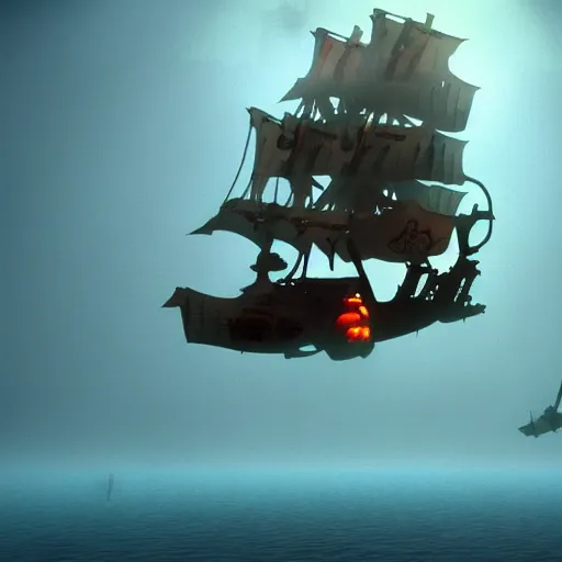 Prompt: pirate spaceship!!! flying underwater!! fog, volumetric light, terry gilliam!!!! style