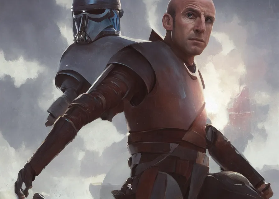 Image similar to painting of Emmanuel Macron dressed as Arcann in Star Wars, sharp focus, waist up, trending on ArtStation, masterpiece, by Greg Rutkowski, by Ross Tran, by Fenghua Zhong, octane, clear eyes, soft render, clear facial features, oil on canvas, moody lighting, cinematic, professional environment concept art