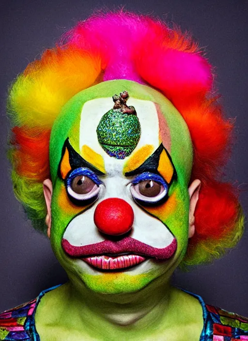 Image similar to Clown Frog King, clown world, clown makeup and rainbow wig, portrait by Giuseppe Arcimboldo