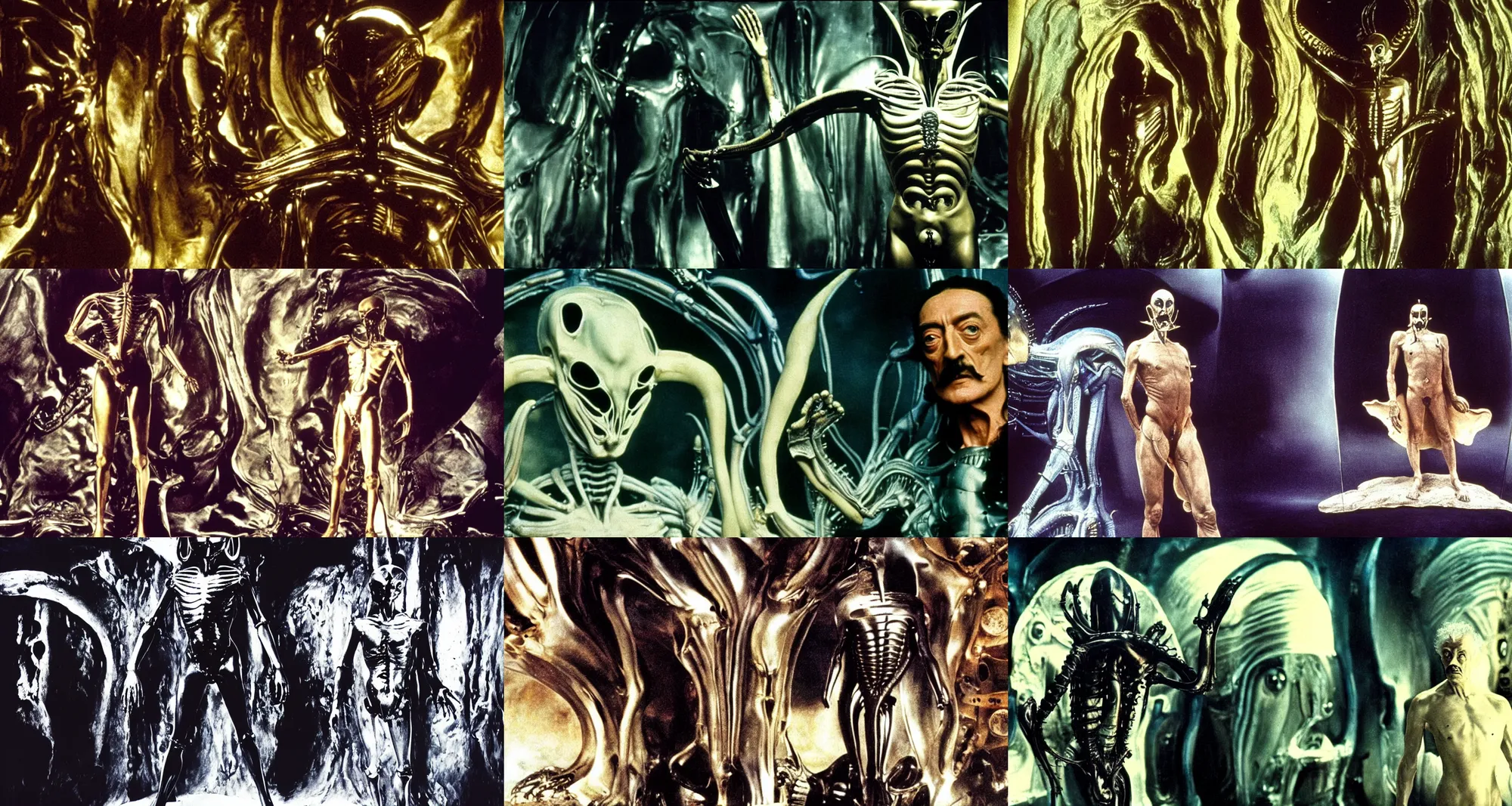 Prompt: the full body shot of salvador dali in the role of emperor of universe | still frame from the alien movie by ridley scott with cinematogrophy of christopher doyle and art direction by hans giger, anamorphic lens, 8 k, higly detailed masterpiece