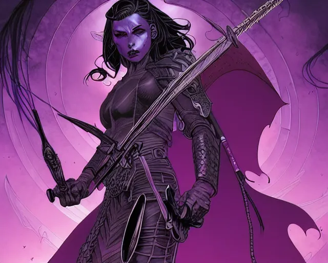 Prompt: fantasy comic cover art of female antihero wearing all battling grim reapers in a purple post apocalyptic hellscape, detailed faces, illustration by jenny frison and sana takeda and kenichi sonoda, intricate details, stunning inking lines, stunning gradient colors, 4 k, hd, artstation, award winning