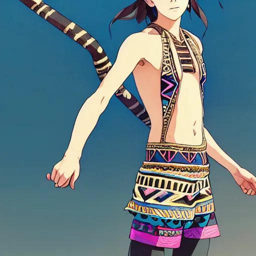 Image similar to a beautiful boyish emma watson alluring instagram model, wearing japanese hiphop aztec leotard outfit with mayan pattern and native style, aztec street fashion bathing suit, botw style, gapmoe yandere grimdark, trending on pixiv fanbox, painted by greg rutkowski makoto shinkai takashi takeuchi studio ghibli, akihiko yoshida