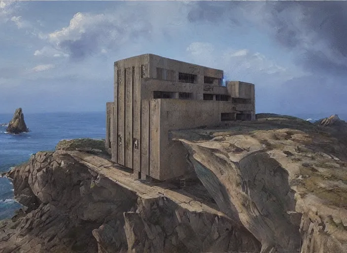 Image similar to concept art of brutalist big house on cliffs, oil painting by jama jurabaev, extremely detailed, brush hard, artstation, for aaa game, high quality, brush stroke