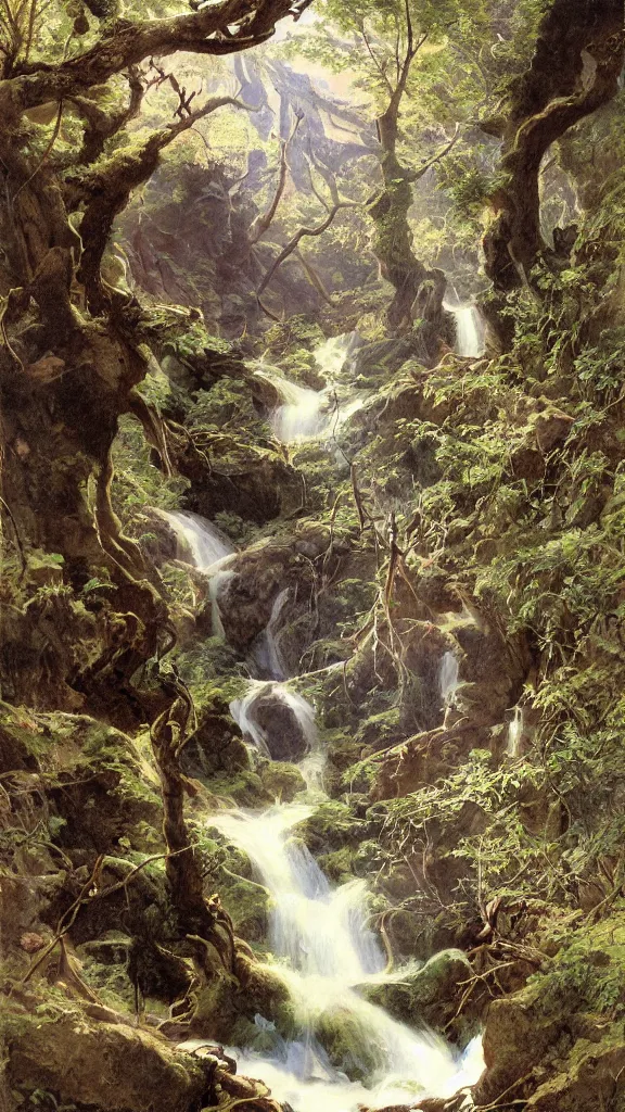 Prompt: a massive chasm in the earth leads down into darkness with many small waterfall streams and gnarled exposed tree trunks and roots ponds and wildlife, in a style blend of kunstler and leyendecker and rockwell, fine art, volumetric lighting, intricate details