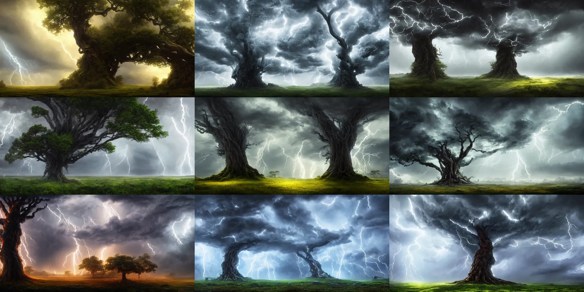 Prompt: a beautiful painting of a huge tree of storm, foliage made of stormy clouds and lightnings, epic, fantasy, high definition, cinematic shot, natural volumetric light, matte painting, artstation, ultra detailed, 8 k