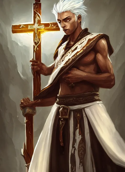 Image similar to a highly detailed illustration of white haired african priest wearing white robe, wielding bloody cross, gothic church background, intricate, elegant, highly detailed, centered, digital painting, artstation, concept art, smooth, sharp focus, league of legends concept art, wlop