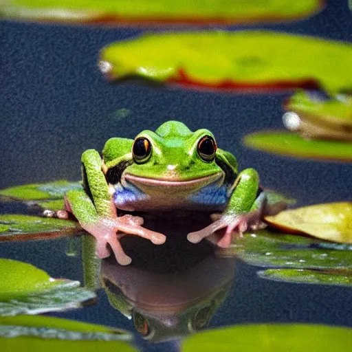 Prompt: fantasy art, close - up of a crowned prince frog in a small crown!!! crown crown crown in the pond with water lilies, shallow depth of field, highly detailed, autumn, rain, masterpiece, matte painting, sharp focus, matte painting, by isaac levitan, by monet, asher brown durand,