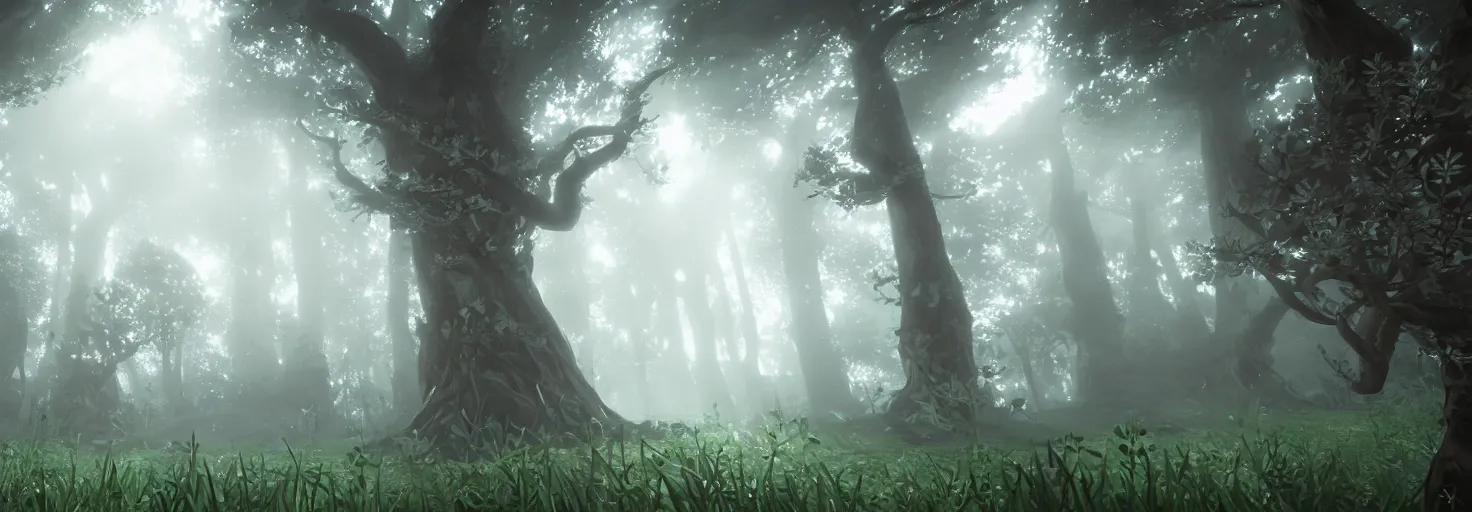 Image similar to enchanted magical mysterious forest, parallax layer from a gorgeous indie platform game, on a white background, intricate, highly detailed, volumetric fog, masterpiece