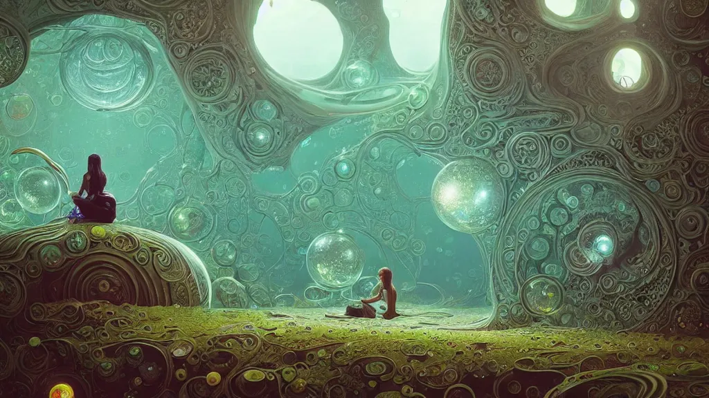 Image similar to a beautiful woman inside ornate bubbles of iridescent liquid, alchemy, intricate, bloom, detailed, volumetric lighting, sharp focus, photorealism, digital painting, highly detailed, concept art, by roger dean and simon stalenhag and mark brooks