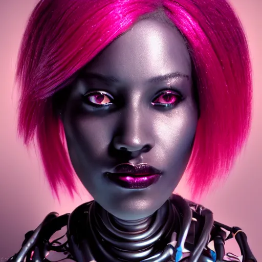 Image similar to portrait of a beautiful dark skinned woman with pink hair as a cyberpunk cyborg half robot, revealing wires and electronics, hooked - up, sci - fi, missing panels, intricate abstract upper body intricate artwork, concept art, octane render, deviantart, cinematic, key art, hyperrealism, iridescent accents, portrait photograph, nikon 3 5 mm, photograph by greg rutkowski