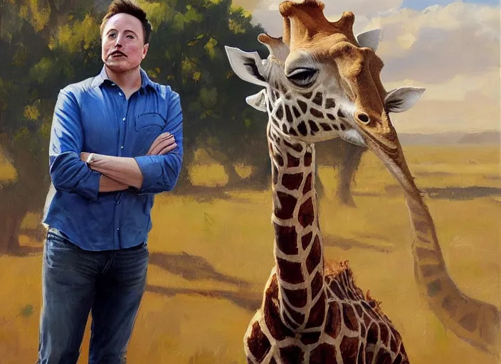 Image similar to a highly detailed beautiful portrait of elon musk with a giraffe, by gregory manchess, james gurney, james jean