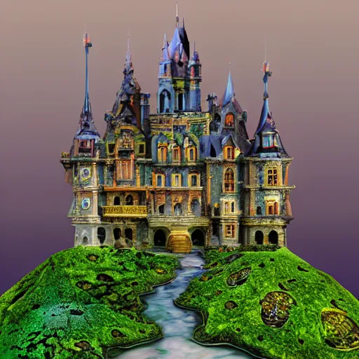 Image similar to “Moulded transilvanian castle in a valley of psychedelic mushrooms, Photography, Shot on 70mm, Super-Resolution Microscopy, Exposure, Megapixel, Evil, Nano, Moss, Tremella-Fuciformis, Ray Tracing Reflections, Ray Traced, insanely detailed and intricate, hypermaximalist, elegant, ornate, hyper realistic, super detailed”