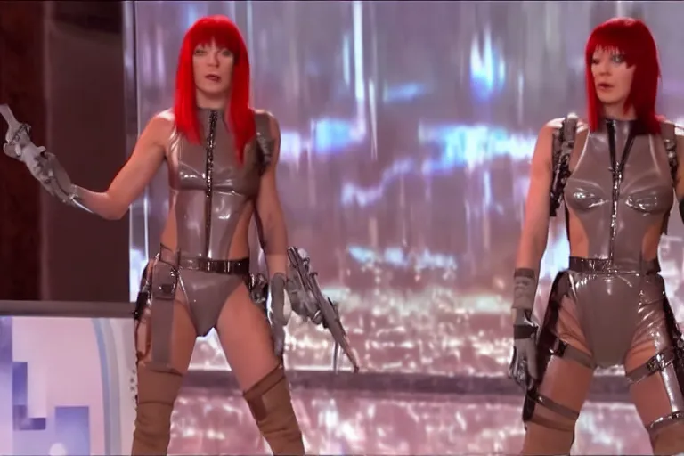 Image similar to mila jovovich as leeloo from the 5th element showing off her baking skills on america's got talent, 4k tv still, cdx