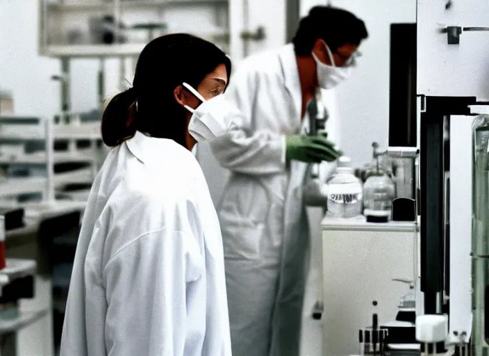 Prompt: realistic photo of the person wearing a detailed wooden bird mask white robe in a laboratory 1 9 9 0, life magazine reportage photo