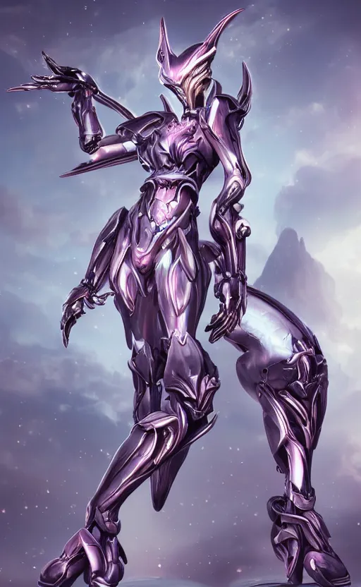 Image similar to extremely detailed goddess shot, front shot, low shot, of a beautiful saryn warframe, that's a giant beautiful stunning anthropomorphic robot female dragon with metal cat ears, standing elegantly on a mountain, detailed sharp robot dragon claws, robot dragon feet, streamlined pink armor, thick smooth warframe thighs, long elegant tail, detailed warframe fanart, destiny fanart, high quality digital art, giantess art, furry art, 3D realistic, warframe art, Destiny art, furaffinity, DeviantArt, artstation, 8k HD, octane render