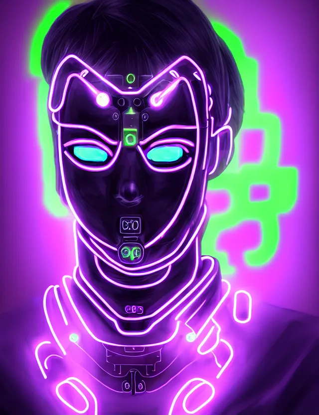 Image similar to a detailed manga portrait of a black haired man with a cybernetic body and face mask with glowing neon purple lights, trending on artstation, digital art, 4 k resolution, detailed, high quality, sharp focus, hq artwork, coherent, insane detail, character portrait