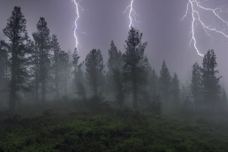 Image similar to An ultrawide cinematic shot of a forest at night with fog and lightning.