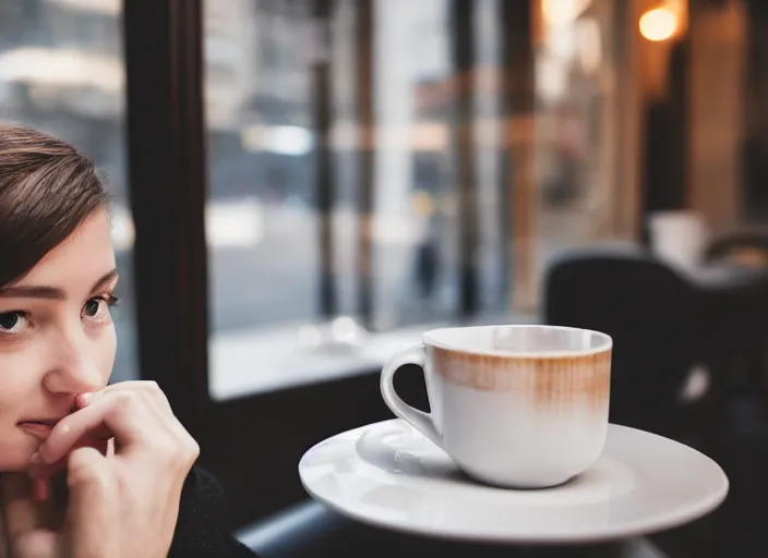 Image similar to beautiful!!!!! young adult woman in a cozy coffee shop staring seductively at the lens wearing an avant garde outfit designed by zaha hadid, close up, natural lighting, 5 0 mm