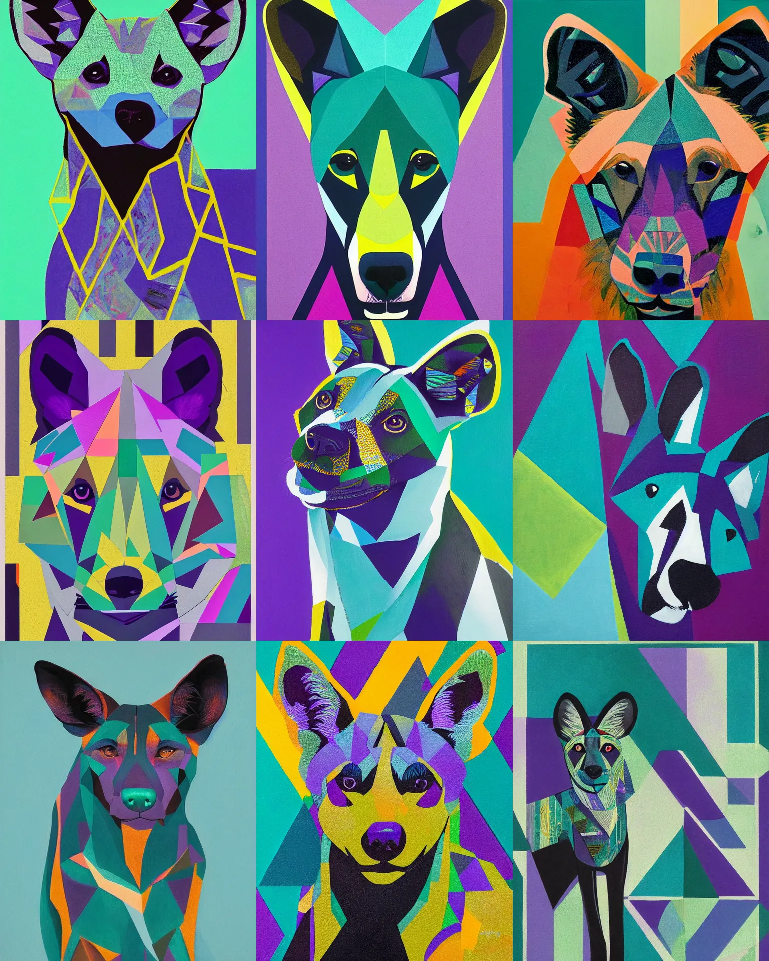 Prompt: a geometric portrait of an african wild dog in teal, blue, green, white and purple, triangles, angular, abstract by paul lehr